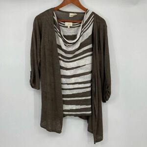 Project Tank Blouse Cardigan Set Womens Sz Medium White Green Striped Linen Cowl